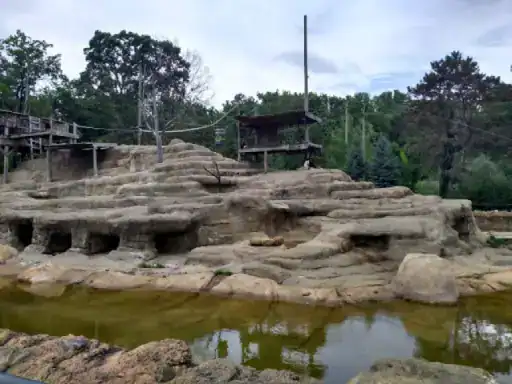 This image shows a safe and sturdy play area made by J&P Coatings, with rocks, caves, and places to climb near a small pool. The space is designed for fun and looks well-built in a green outdoor setting.