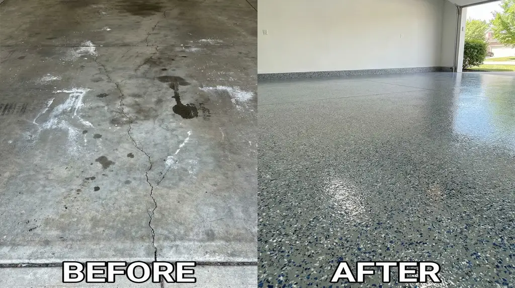 J&P Coatings shows how garage floors look better and cleaner after their service compared to before.