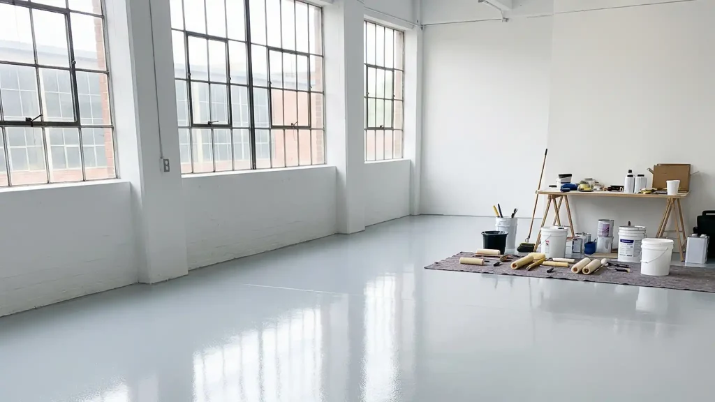 J&P Coatings shows a clean room ready for painting, with supplies set up and space prepared for a project.