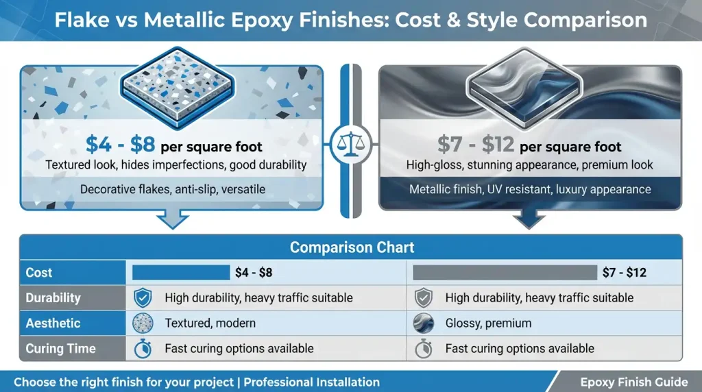 J&P Coatings infographic shows flake epoxy is affordable and good for hiding flaws, while metallic costs more but looks shiny.