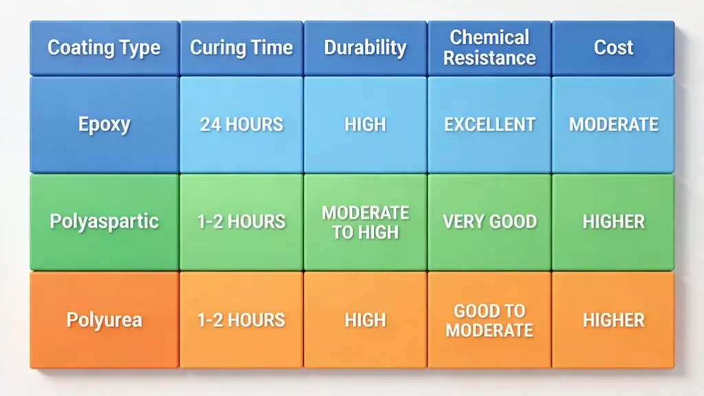 J&P Coatings chart compares epoxy, polyaspartic, and polyurea coatings for cure time, strength, resistance, and price.