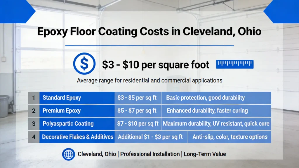 J&P Coatings price chart shows epoxy floor costs in Cleveland, $3-$10 per sq. ft., with standard and premium options.