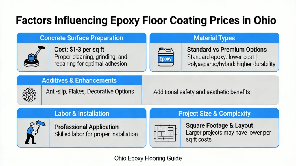 J&P Coatings explains what affects Ohio epoxy floor prices like prep, materials, extras, labor, size, and typical price range.