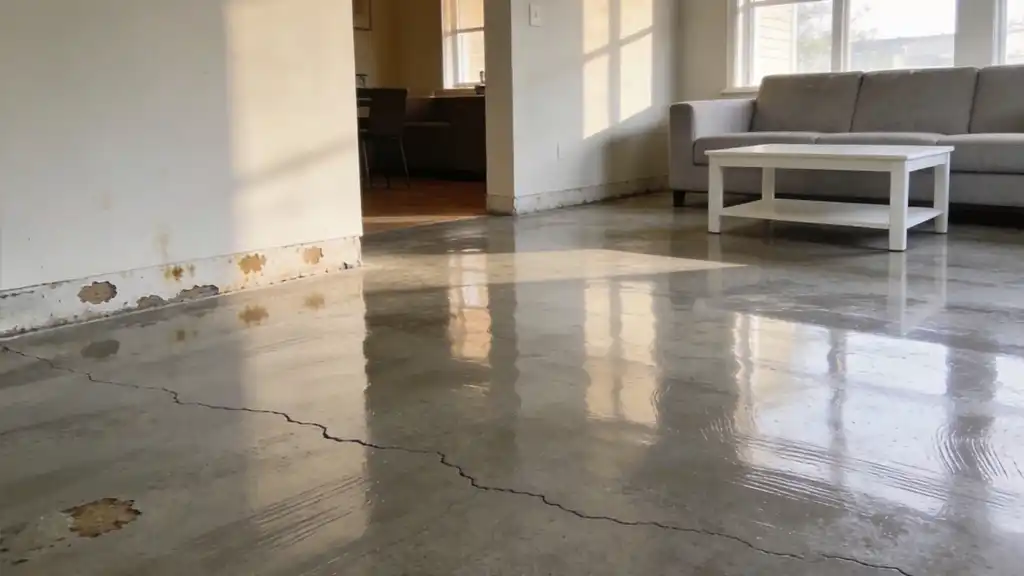 This space shows how J&P Coatings can restore cracked, worn concrete floors and wall damage for a fresher look.