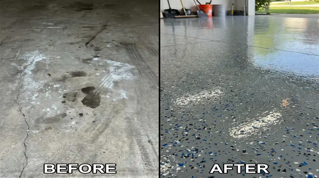 J&P Coatings shows how their service improves garage floors, turning a dirty floor into a clean and shiny one.