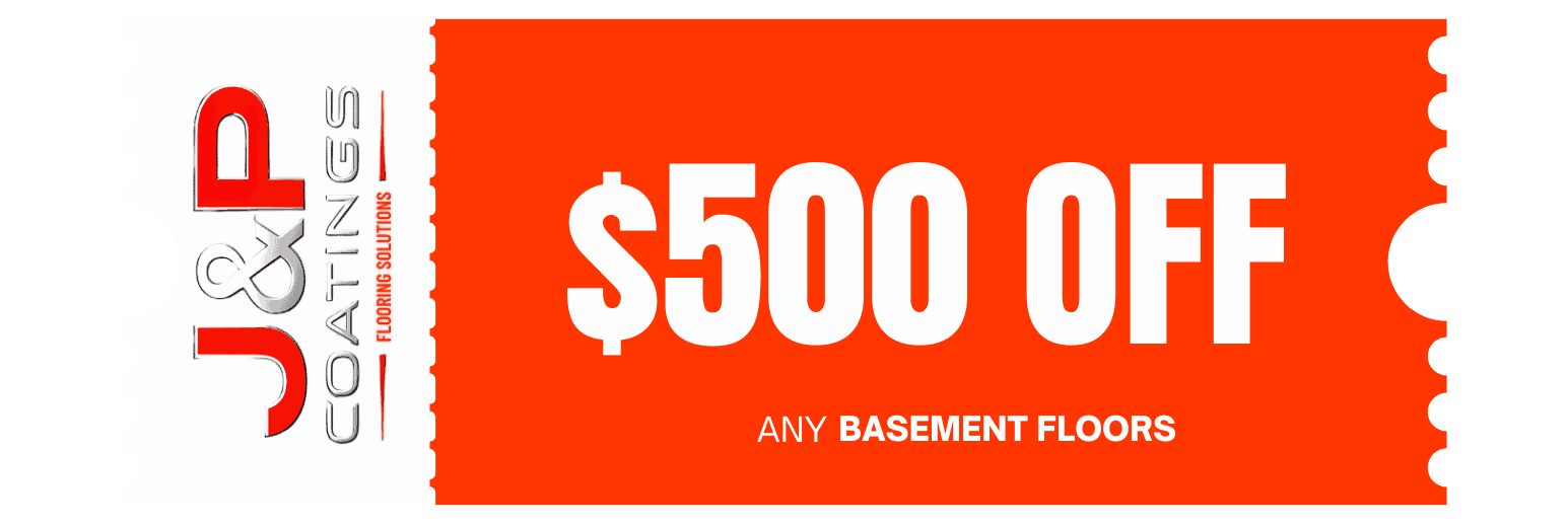 This image shows a J&P Coatings coupon offering $500 off basement flooring, highlighting a special discount for customers.