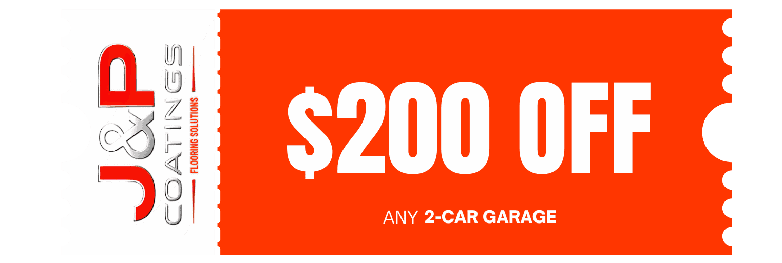 A coupon from J&P Coatings offers $200 off any 2-car garage flooring job. The image highlights special savings for customers.