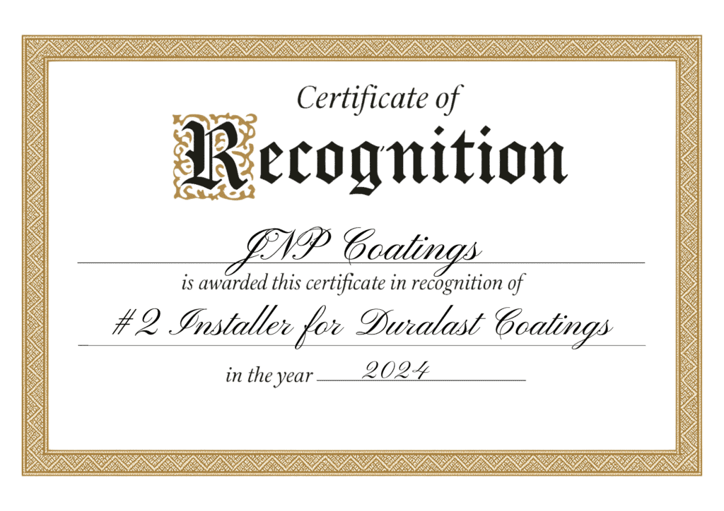 A certificate honors J&P Coatings for being the second-best Duralast Coatings installer in 2024, showing their strong skills and achievement. Alt text: Certificate recognizes J&P Coatings as the #2 Duralast installer in 2024.