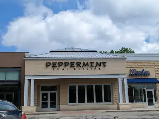 A restaurant called Peppermint Thai Cuisine is open for customers. In front, J&P Coatings has worked on the patio, showing their concrete sealing services. Cars are parked nearby and the area looks welcoming to visitors. Alt text: J&P Coatings finished the patio at Peppermint Thai Cuisine’s entrance.