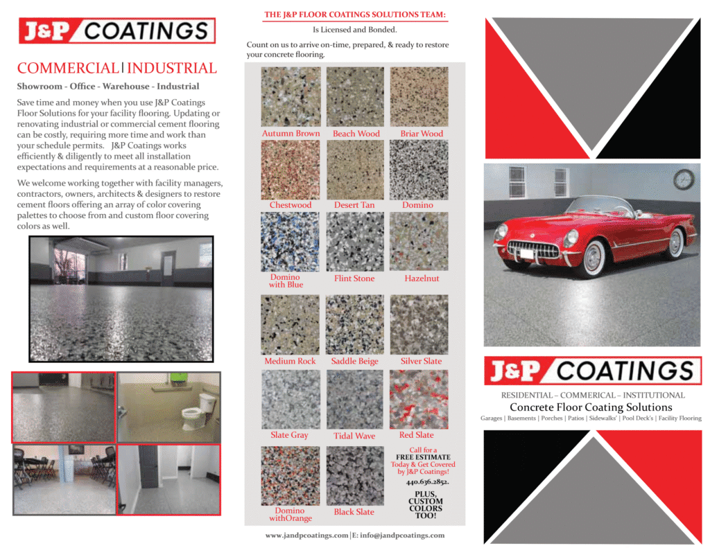 J&P Coatings brochure shows their flooring options and explains their services for businesses in Ohio. It highlights strong and stylish floor coatings, with company contact details for customers seeking reliable commercial solutions.
