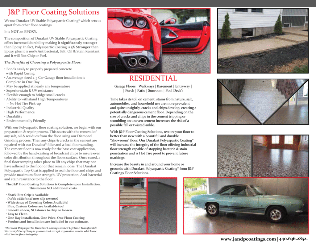 A brochure for J&P Coatings shows how their floor coatings improve garages. It explains the benefits and where you can use them at home. Alt text: Brochure shows J&P Coatings’ garage floor solutions and their benefits for homes.