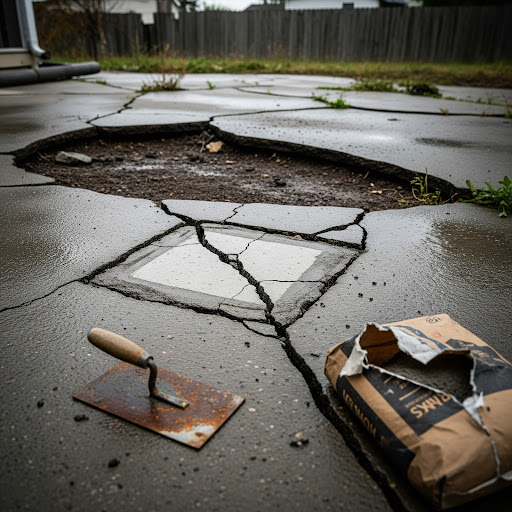 Concrete patio shows big cracks and damage. J&P Coatings repair is needed for a safer, smoother outdoor space.