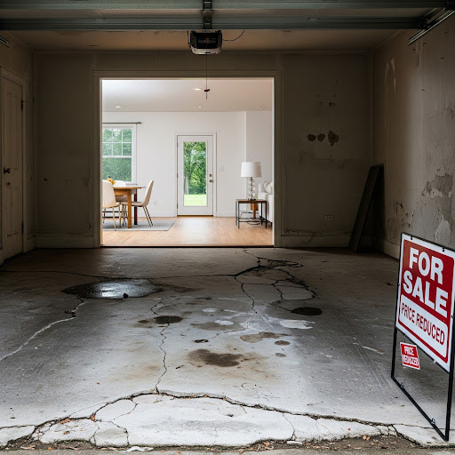 A J&P Coatings garage shows a house for sale, highlighting the value of restored spaces and fresh interiors.