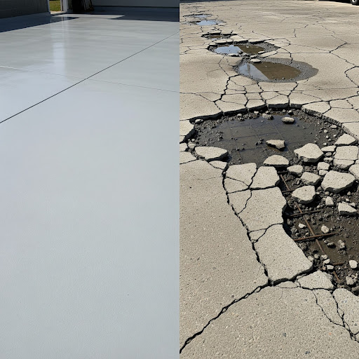 J&P Coatings shows the difference between new, smooth concrete and old, damaged pavement to highlight repair benefits.