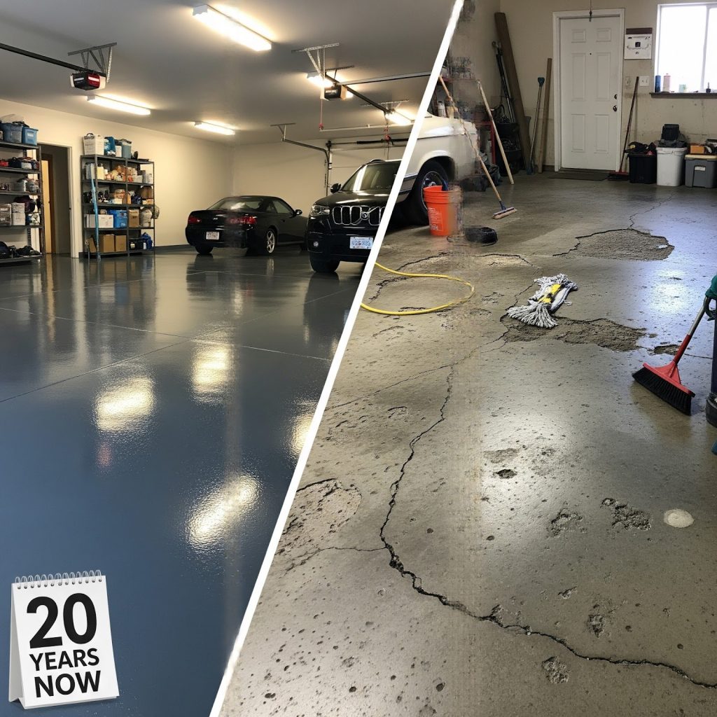 J&P Coatings shows how their floors stay strong and fresh looking for 20 years compared to old, damaged ones.