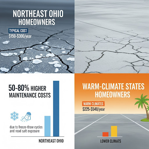 J&P Coatings shows pavement in Northeast Ohio costs up to 80% more to maintain than in warmer states due to harsh winters.