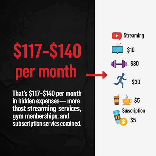 J&P Coatings infographic shows people spend $117-$140 monthly on hidden costs like streaming, gym, food, subscriptions, and coffee.