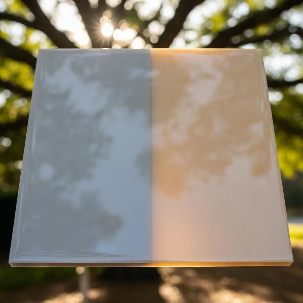 J&P Coatings tile shows clear color difference between white and beige, demonstrating their coating options in outdoor light.