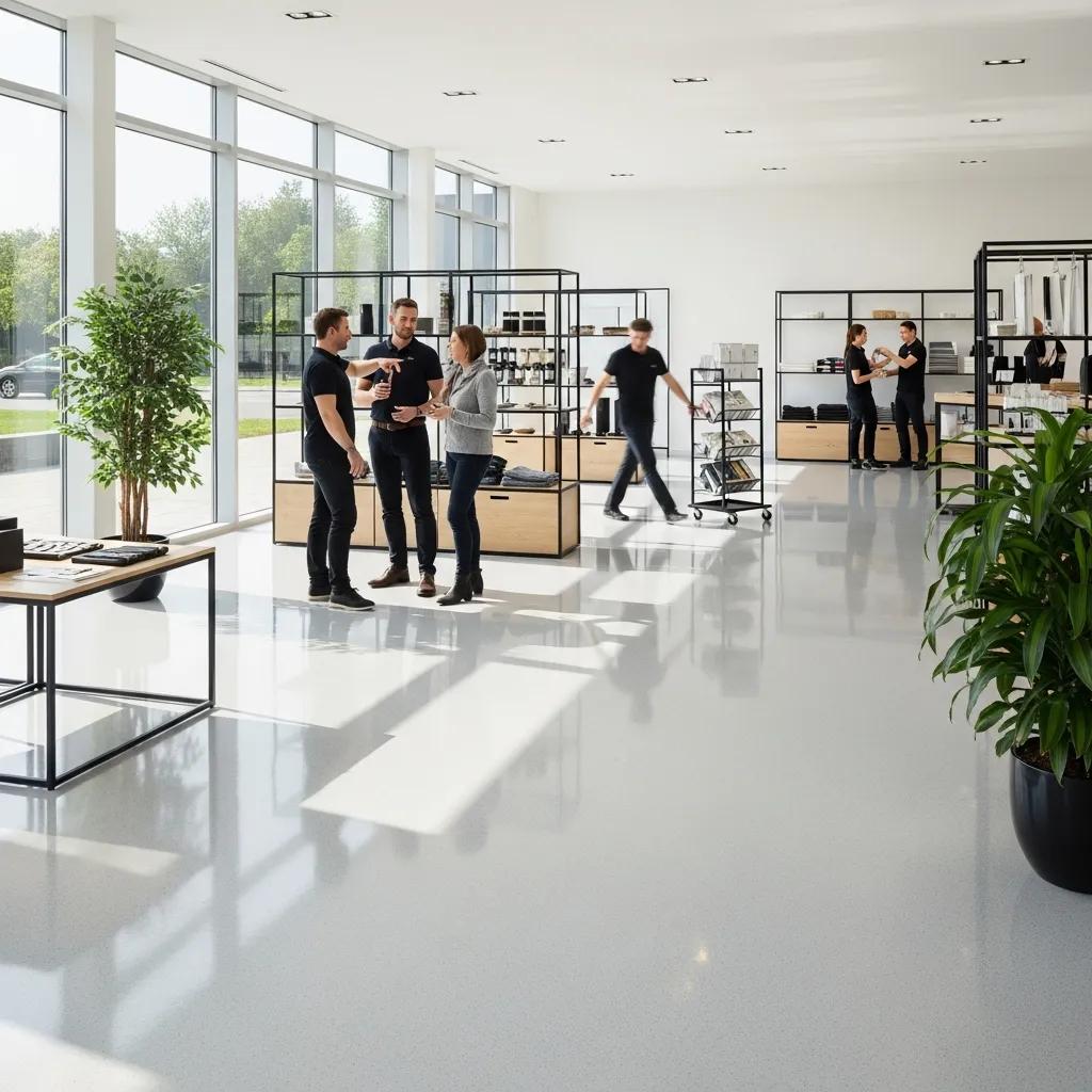 People chat in the bright J&P Coatings showroom, which feels open, welcoming, and organized for easy product browsing.