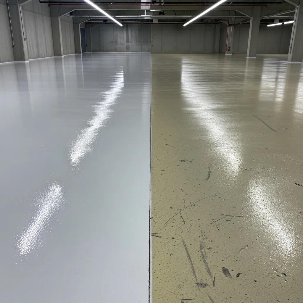 J&P Coatings improves floors, showing a clear difference between old, worn surfaces and new, durable coatings.
