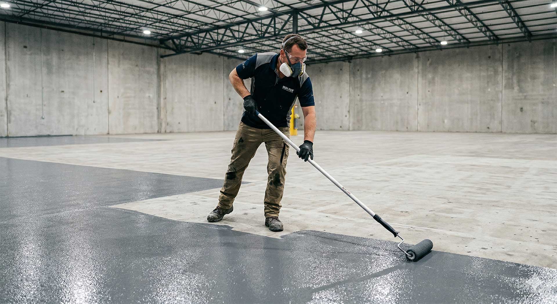 J&P Coatings worker shows safe and careful floor coating in a big warehouse, using the right tools and safety gear.