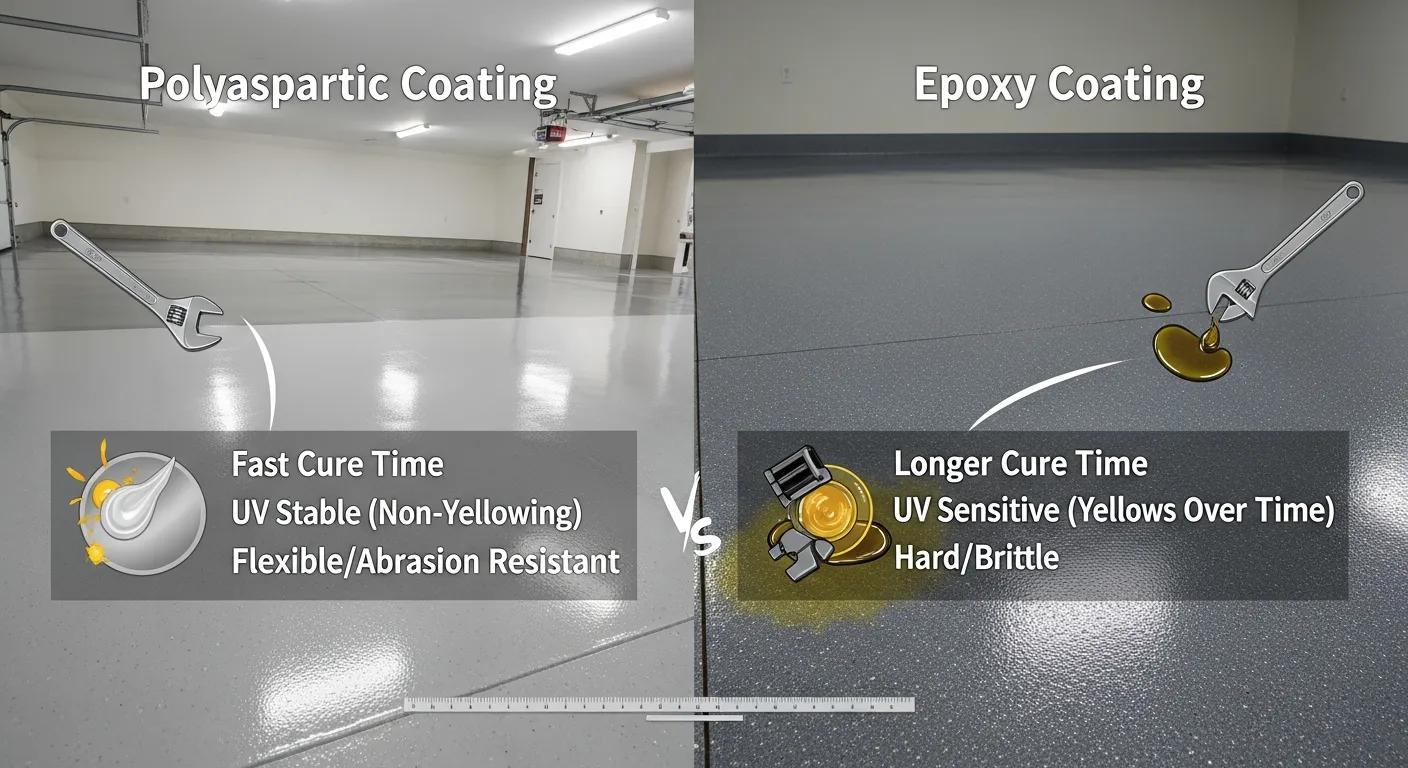 J&P Coatings shows polyaspartic floors last longer, cure fast and don’t yellow. Epoxy cures slower and may turn yellow over time.