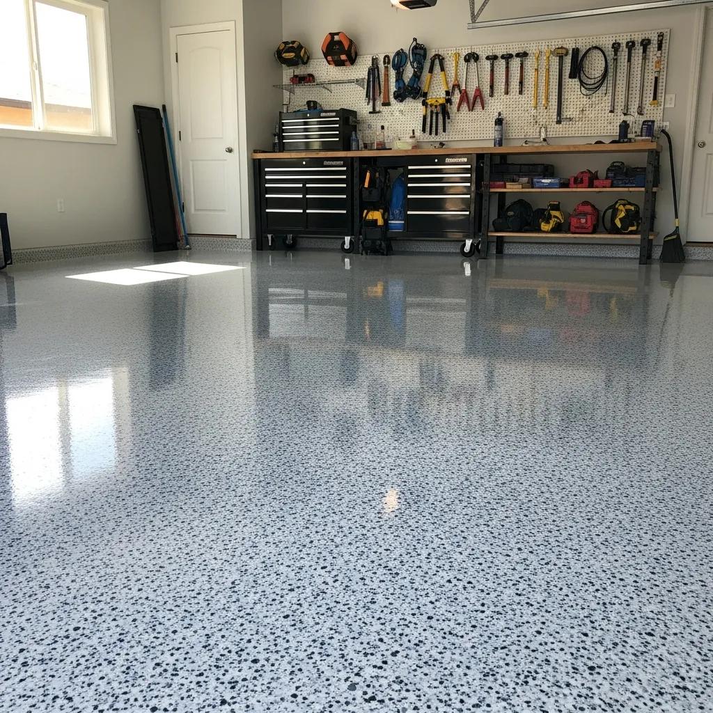 J&P Coatings shows a tidy garage with an easy-to-clean, shiny floor and tools neatly arranged for quick use.