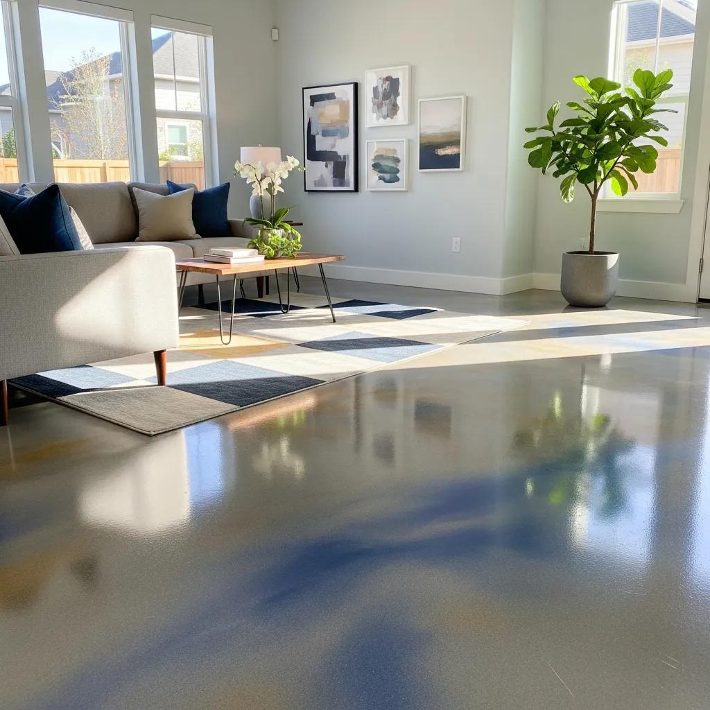 A welcoming living room with polished floors by J&P Coatings, filled with natural light and a cozy, modern feel.