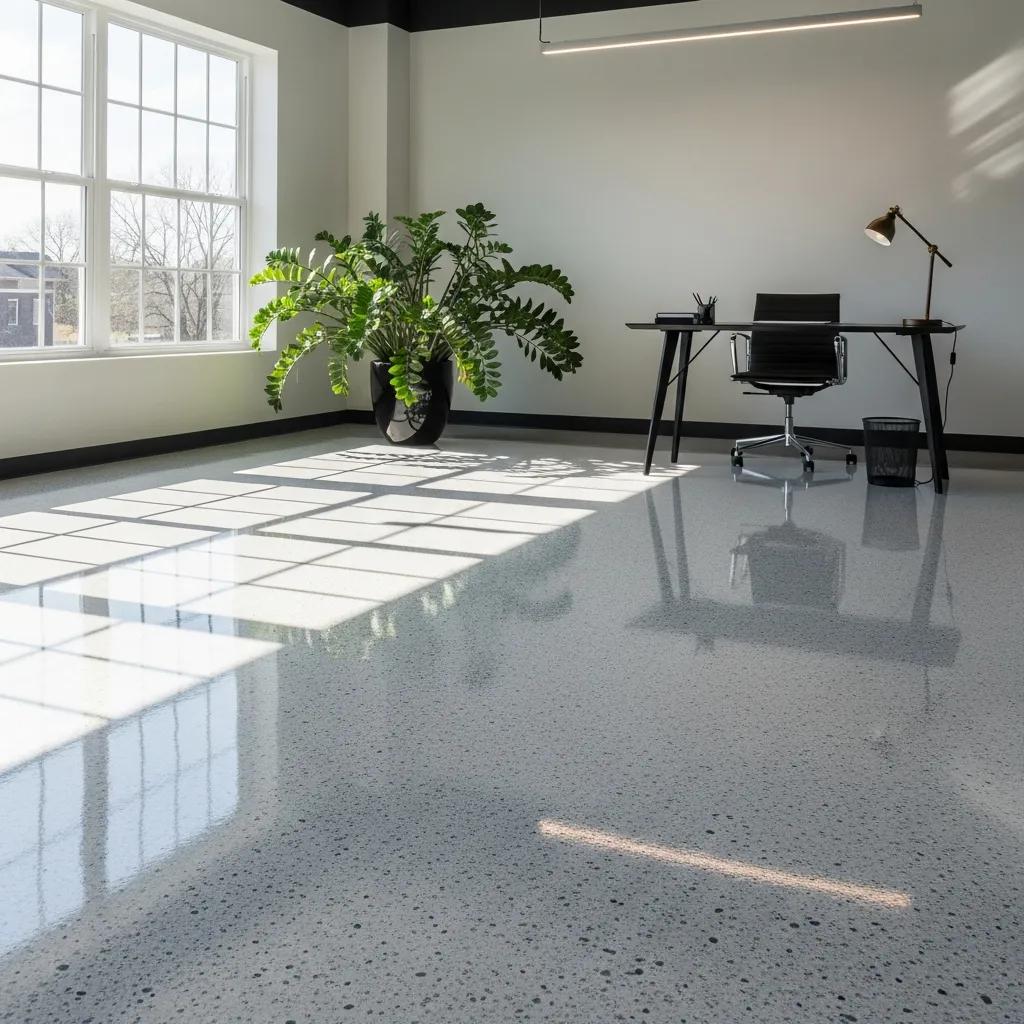 A bright, well-kept office with J&P Coatings floors shows a comfortable workspace filled with natural light.