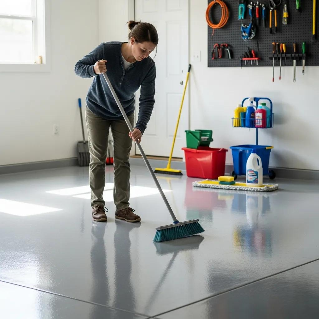 A person sweeps a garage floor protected by J&P Coatings, showing how easy it is to keep spaces clean and organized.