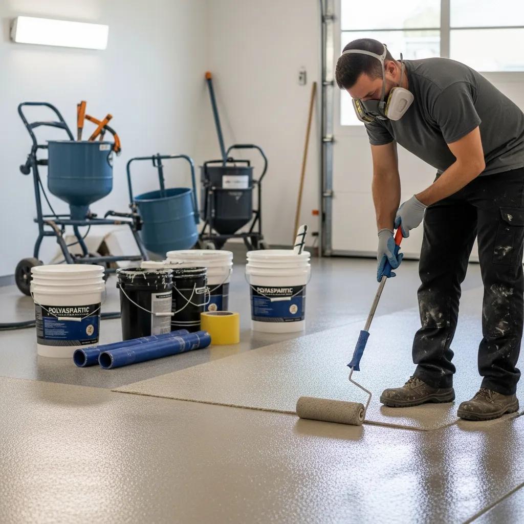 J&P Coatings shows how to safely and neatly apply floor coating in a clean garage using the right tools and safety gear.