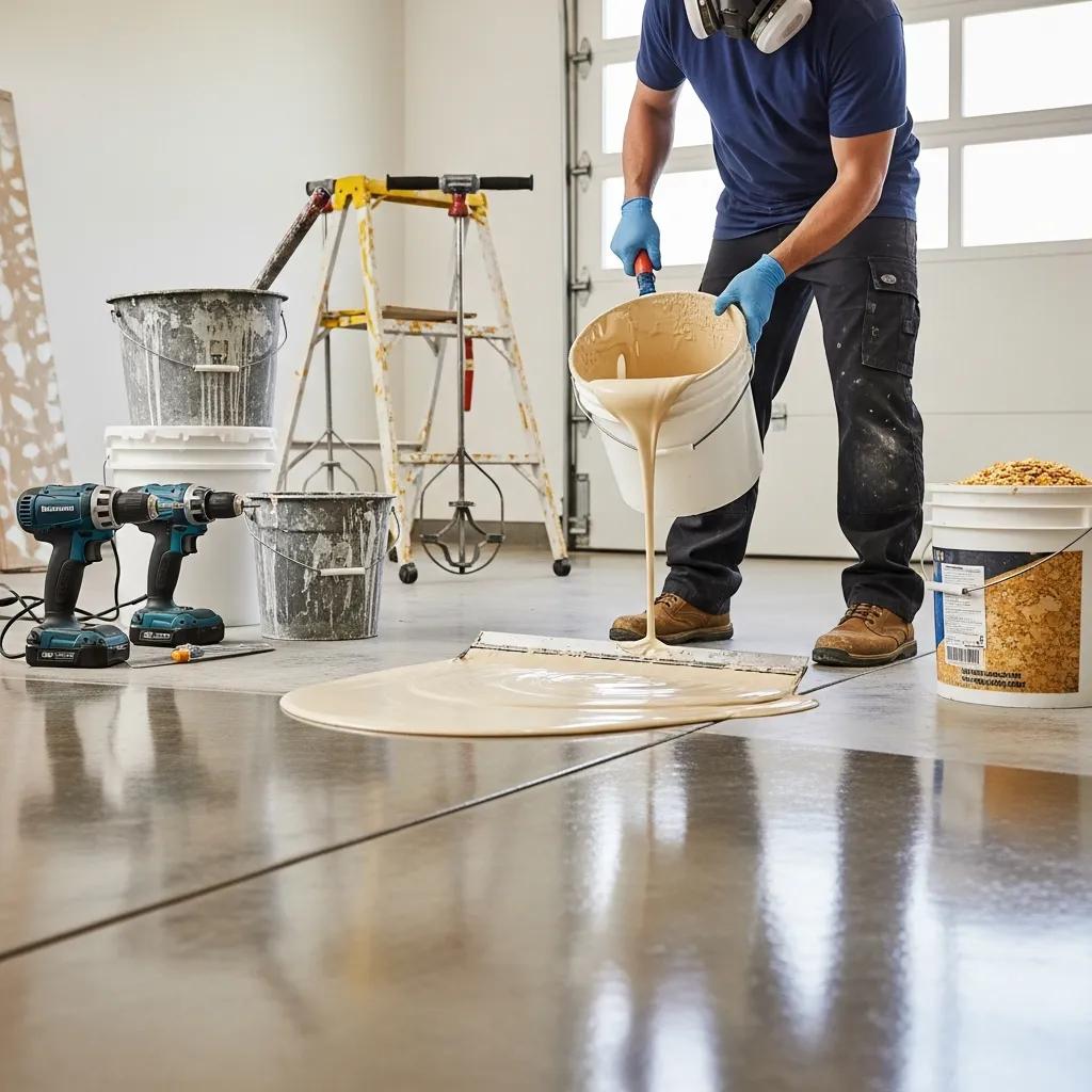 J&P Coatings worker gets ready to coat a garage floor, using safety gear and prep tools for the resurfacing job.