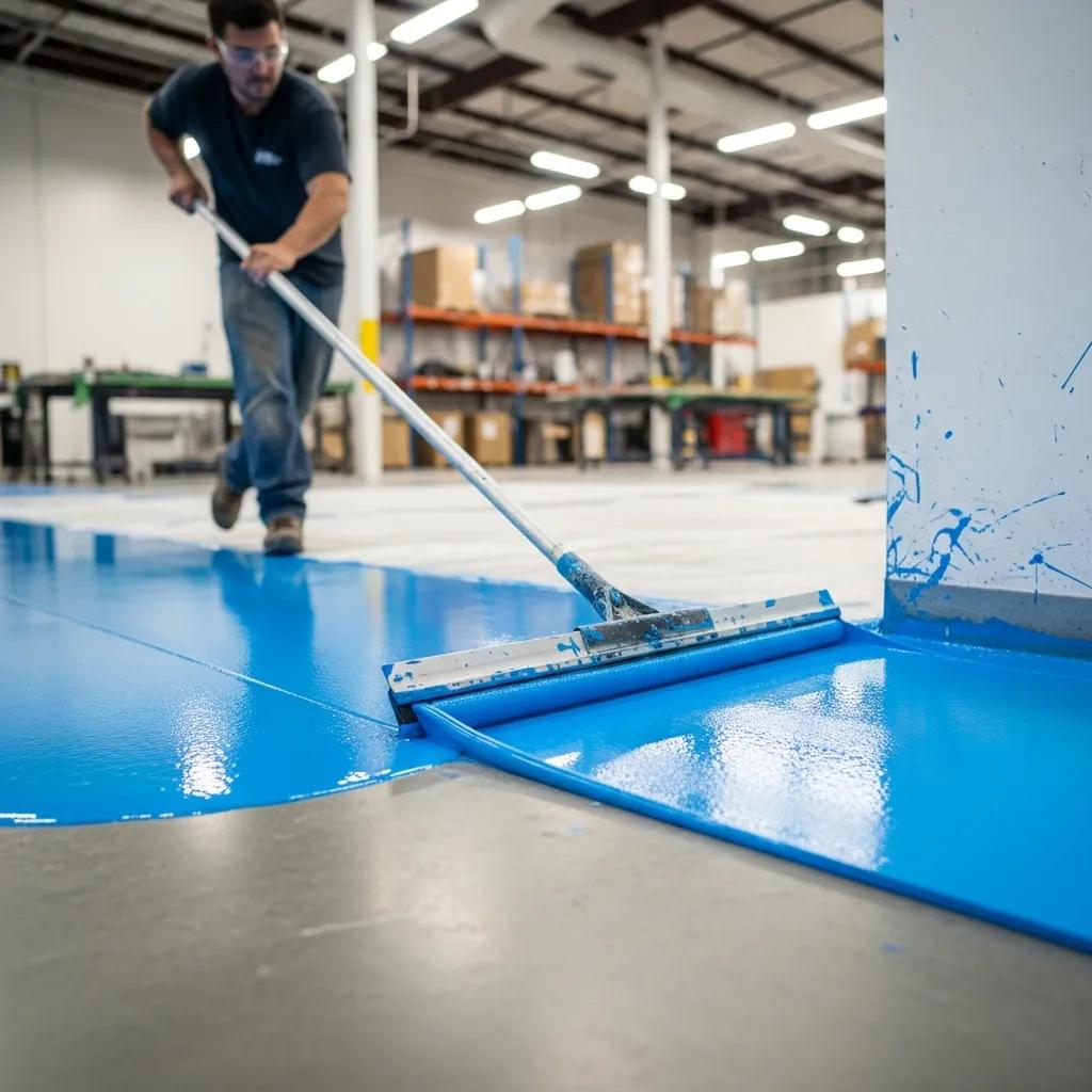 J&P Coatings worker paints a warehouse floor blue, showing how the company upgrades large spaces for better use.