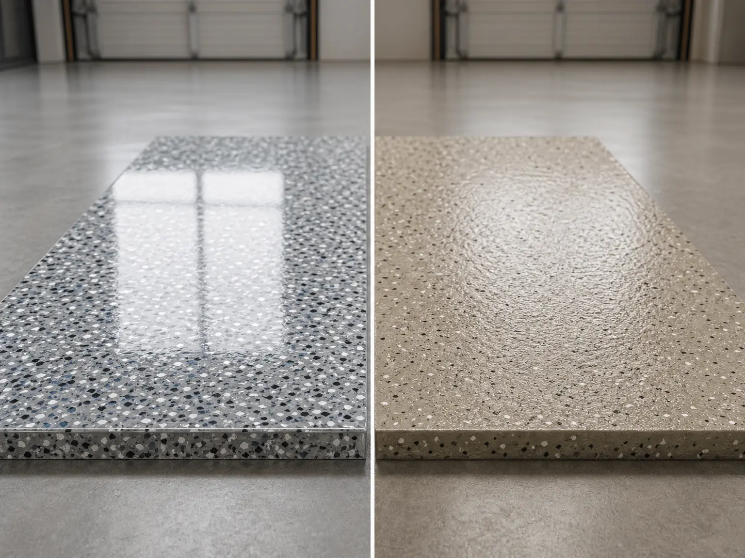 J&P Coatings showcases two floor options: one is shiny and smooth, the other is rough and not shiny.