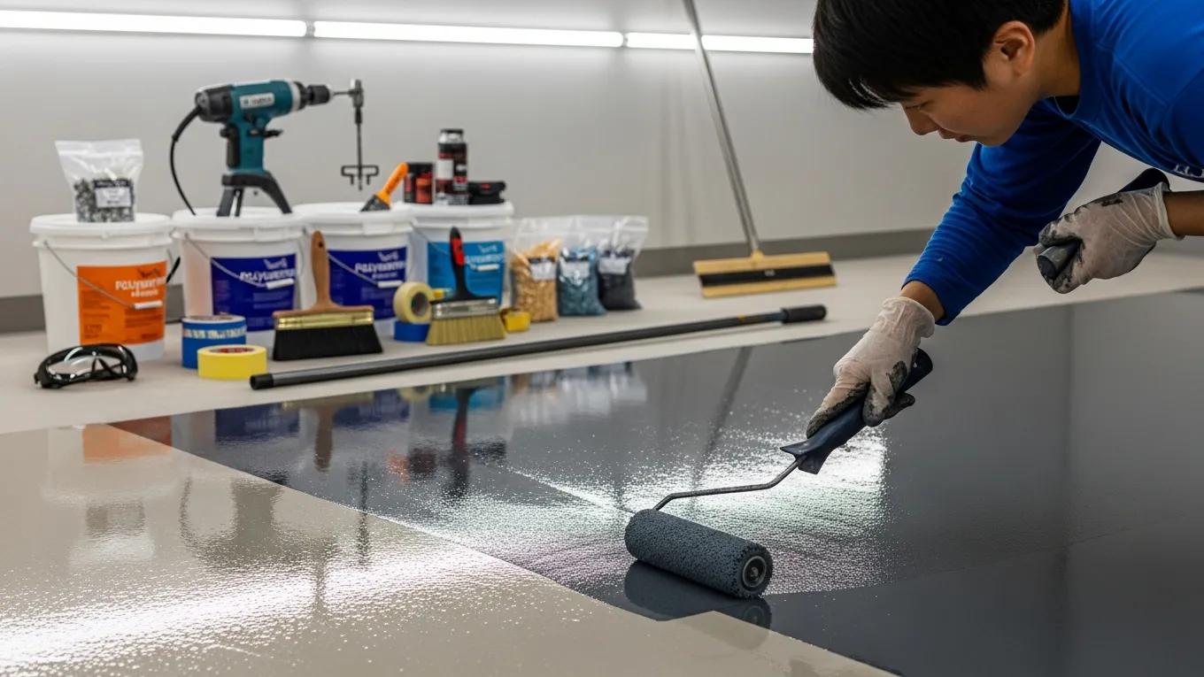 A worker uses J&P Coatings product to cover a floor, showing simple tools needed for a smooth and shiny finish.