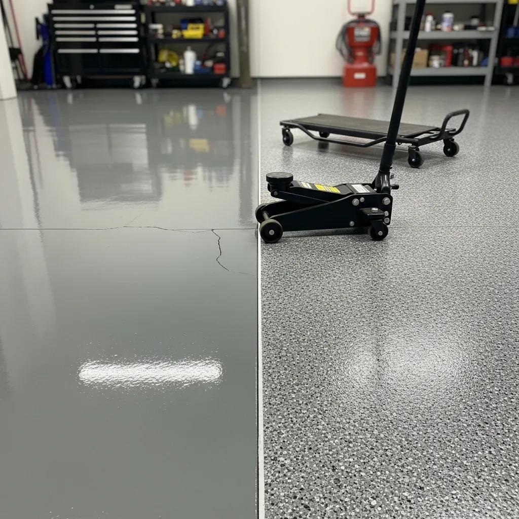 J&P Coatings garage floor shows the difference between smooth and speckled finishes, with tools used for repairs.