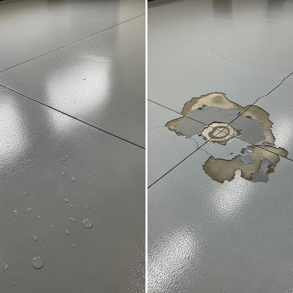 J&P Coatings shows how sealed floors repel water while unprotected ones crack and peel, exposing concrete.