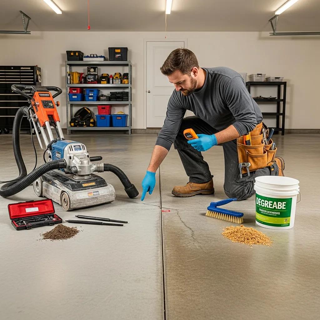A J&P Coatings worker checks a crack on a clean garage floor before repair, with supplies ready for the job.
