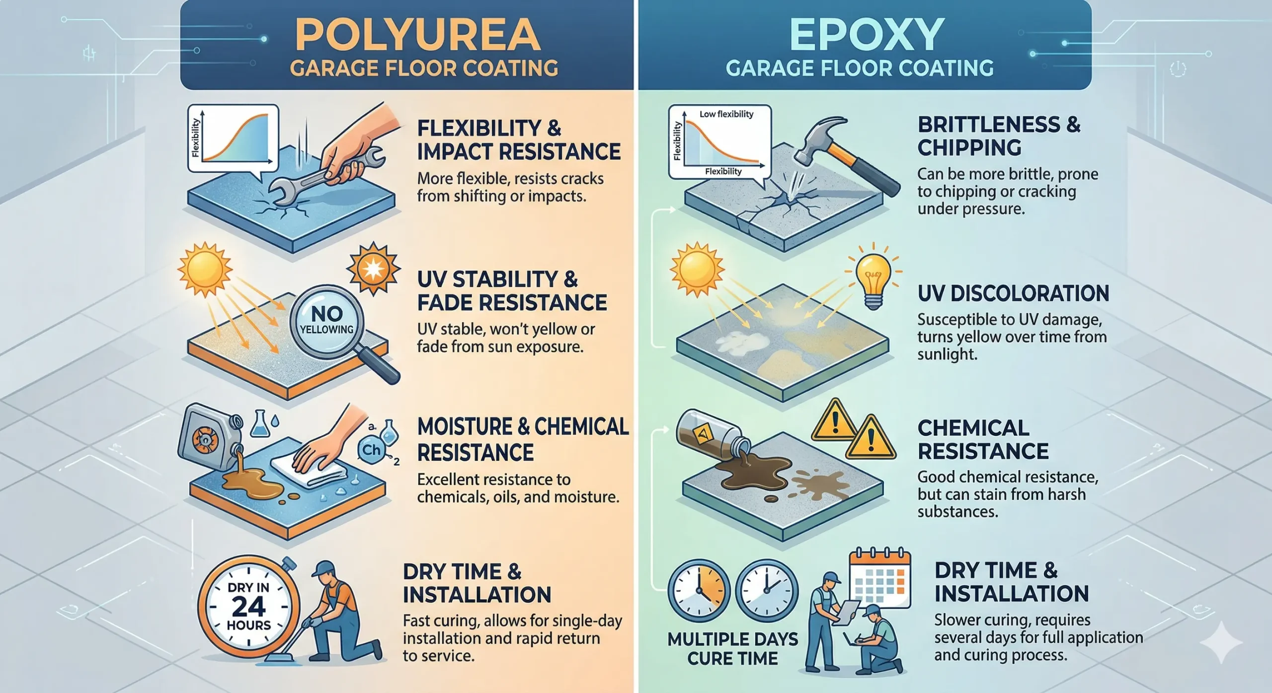 J&P Coatings compares polyurea and epoxy garage floors for strength, UV stability, protection, and how fast each installs.