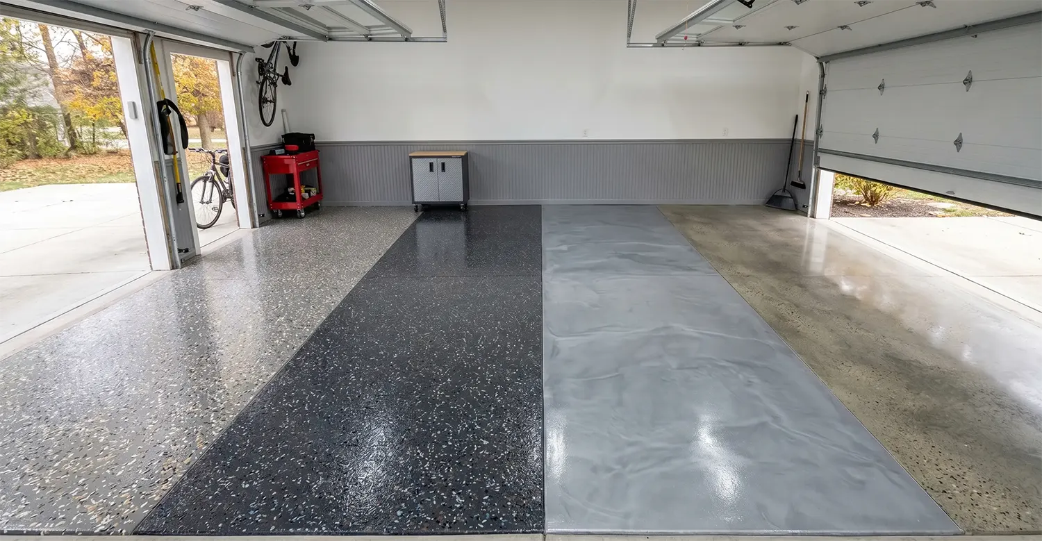 J&P Coatings shows different floor finishes in a bright garage, highlighting choices for a clean and useful workspace.