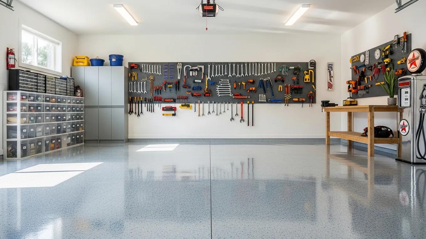 A bright, tidy garage shows J&P Coatings’ floor with good lighting, neat storage, and a classic organized workspace.