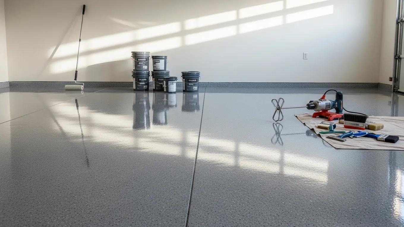 A shiny garage floor recently finished by J&P Coatings, showing clear signs of a fresh, quality work.