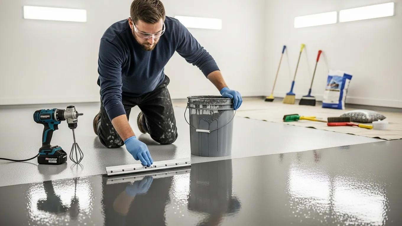 J&P Coatings worker applies gray epoxy to floor, showing careful work and focus on safety in a clean, bright space.