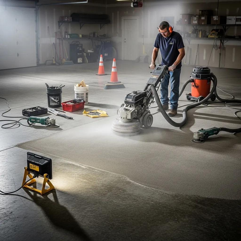 A J&P Coatings worker uses a grinder in a garage, showing how concrete floors are smoothed during the process.