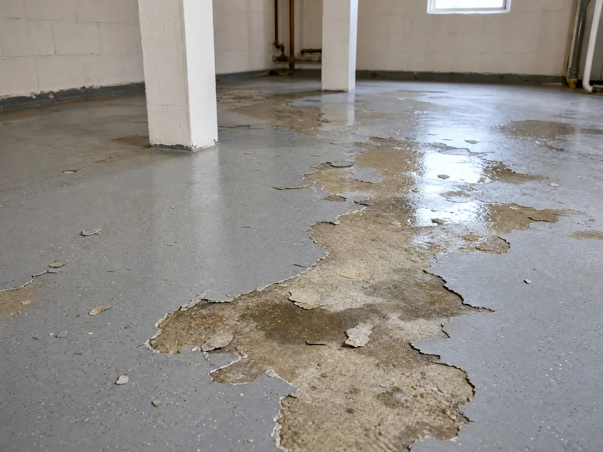 J&P Coatings shows a worn, water-damaged basement floor in need of repair, highlighting risks of chipped paint and wet areas.