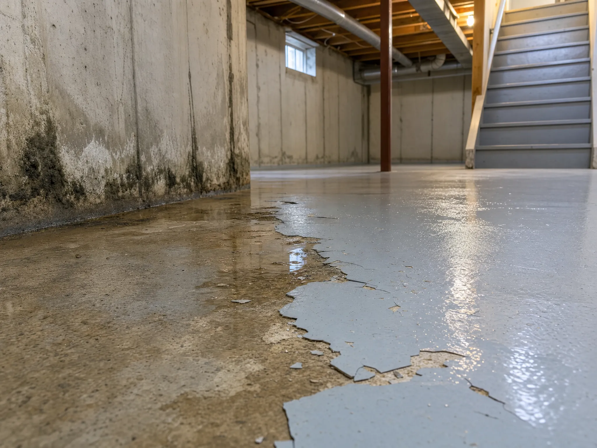 Basement with moisture and mold issues needing repair, showing why J&P Coatings offers solutions for water damage.