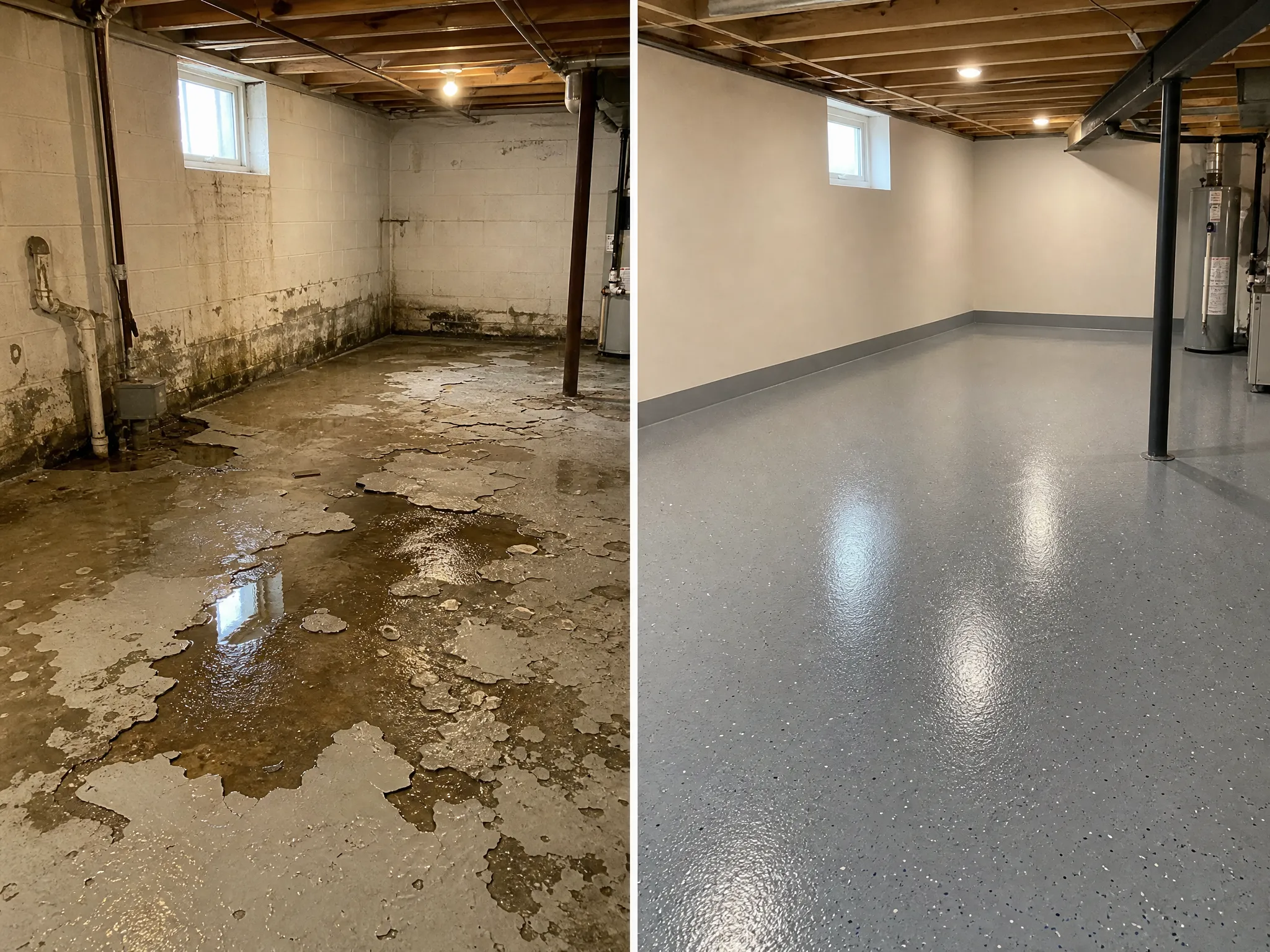 J&P Coatings shows how a damaged, wet basement can be fixed to become clean, dry, and newly finished.