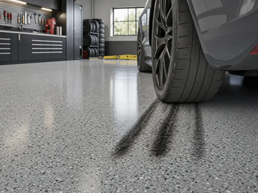 A J&P Coatings epoxy floor keeps garages clean and strong, even with lots of cars, tools, and daily use.