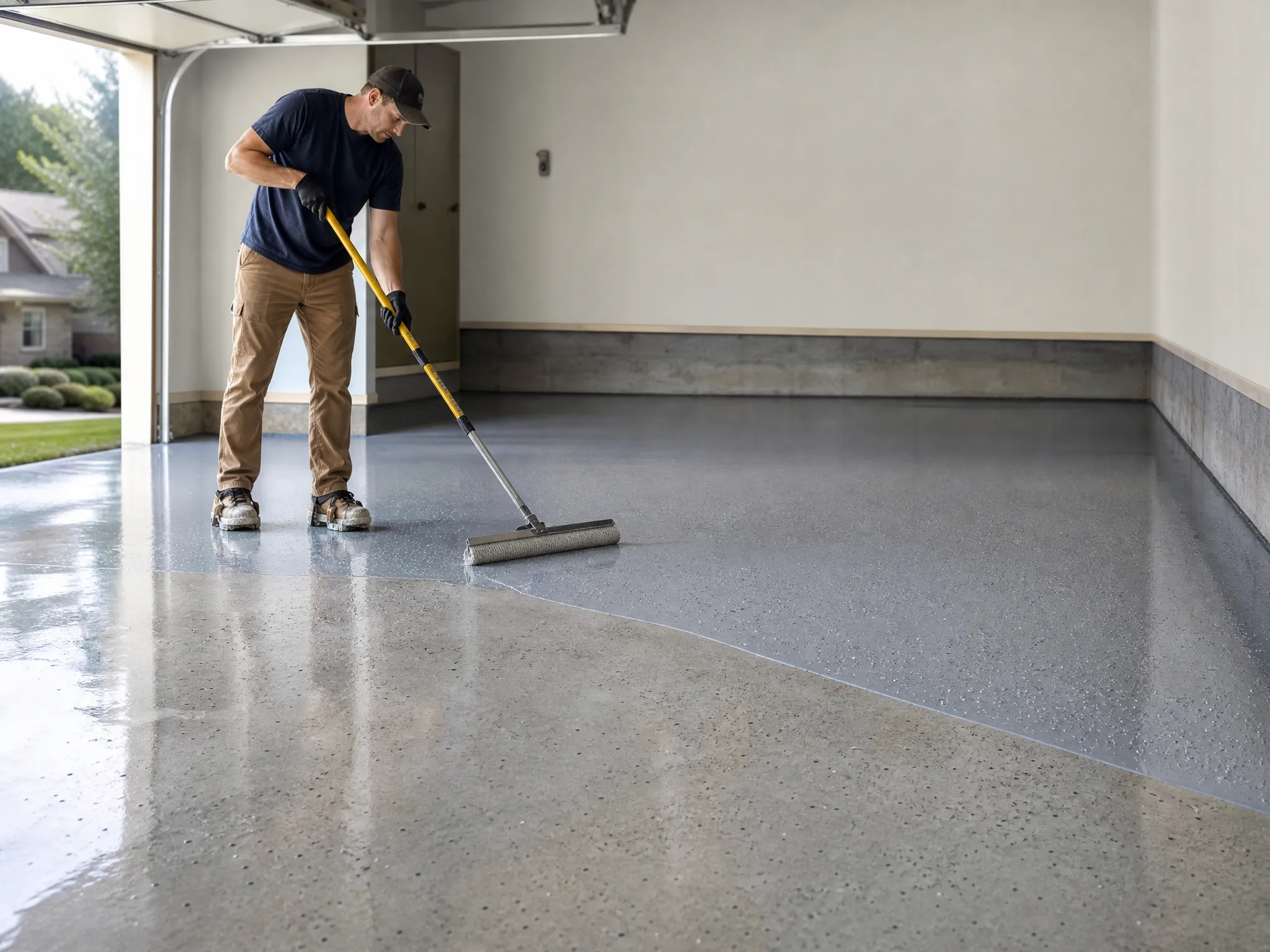 A J&P Coatings worker applies a floor coating in a clean, spacious garage, showing professional service and neat results.