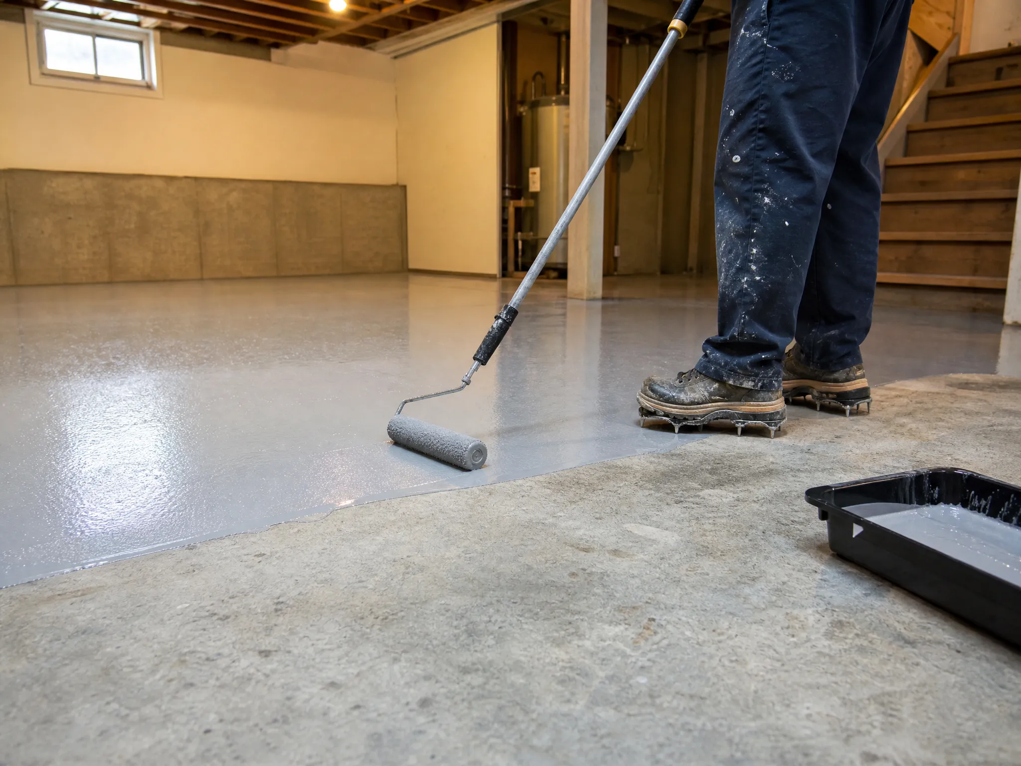 J&P Coatings shows someone applying gray epoxy to a basement floor, showing quality work in progress.